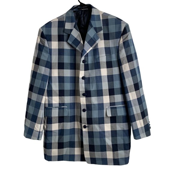 Mens Falcone Blue Check 5 Button Ventless Blazer Coat Size 42R EUC Lined 7145 - Picture 2 of 14